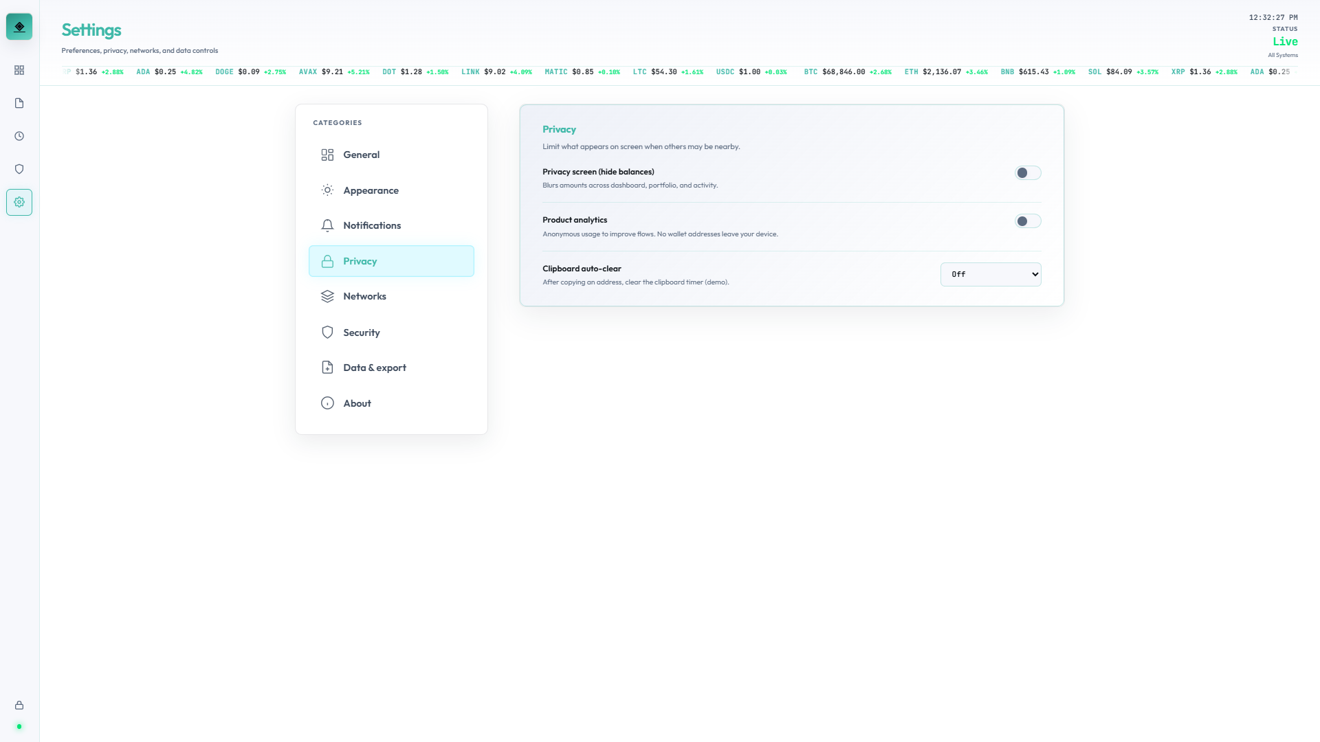 Settings Privacy, light theme